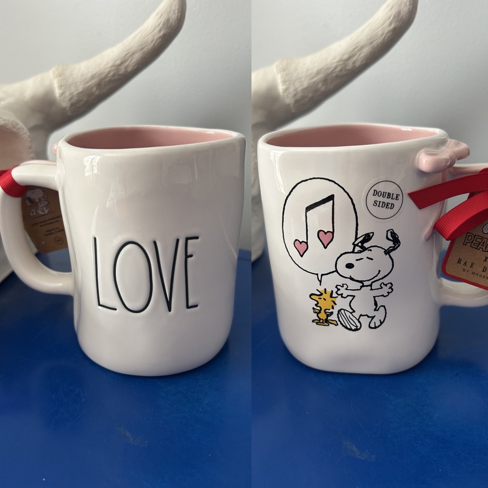 Rae Dunn Peanuts Snoopy Woodstock Dancing Love Double Sided Mug